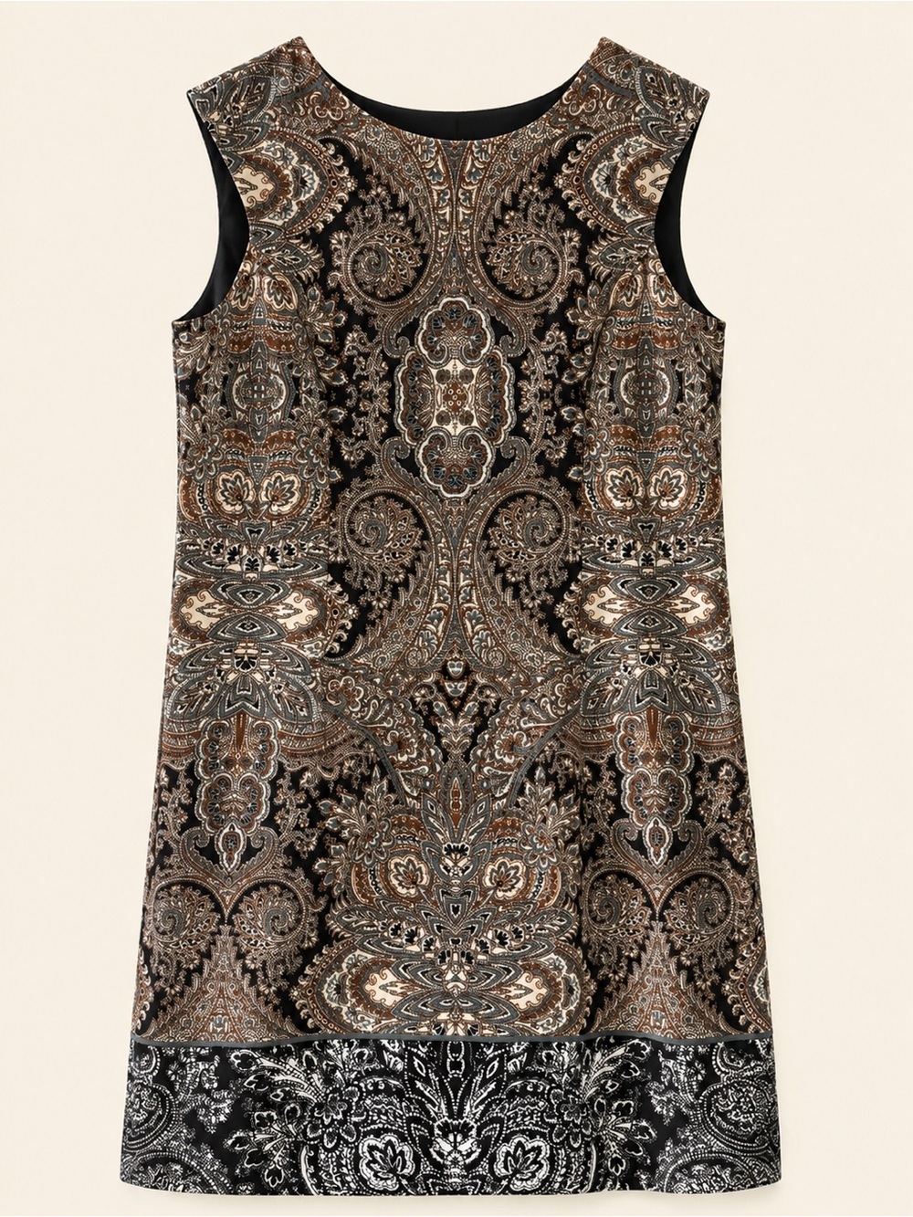 Sleeveless Paisley Print Mini Dress in Brown and Black